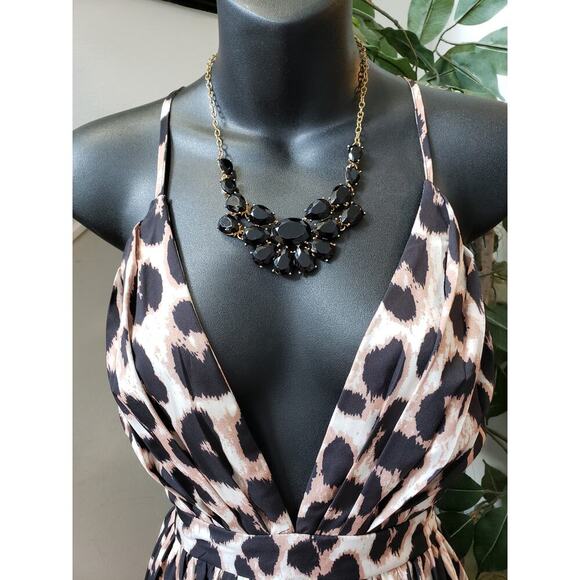 SHEIN Long Maxi Dress Womens Size 2 Black & Beige Leopard Plunge Neck Sleeveless - Picture 3 of 16
